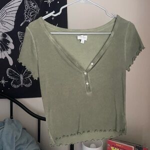True Craft Light Green Buttoned V-Neck Top